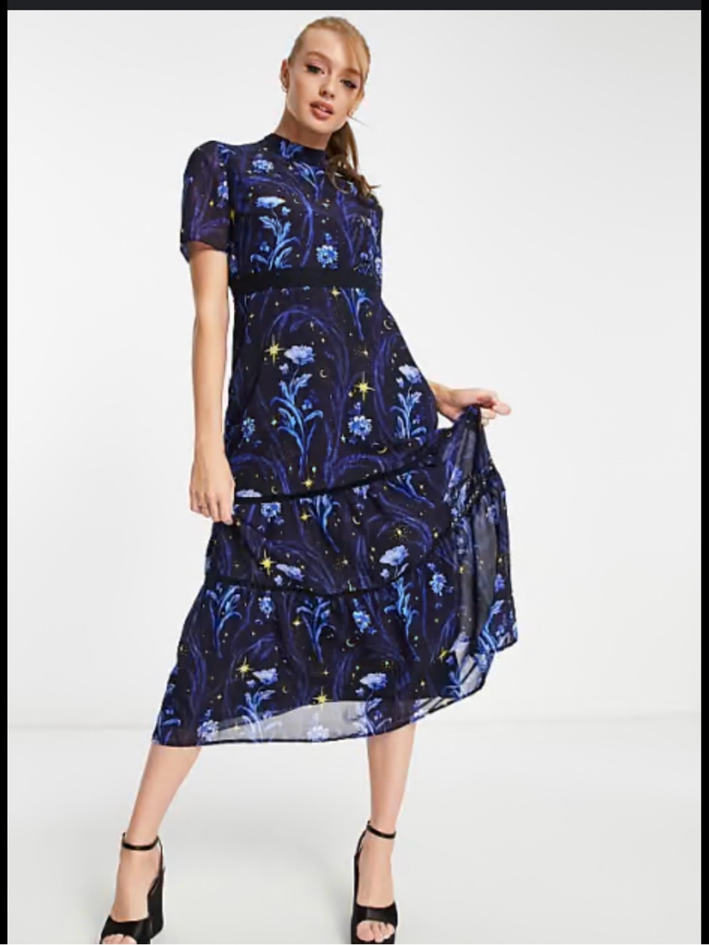Tiered Floral Maxi Dress in Dark Blue